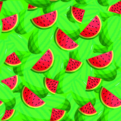 Seamless pattern with watermelon and slices on a green  isolated background. Summer minimalistic background