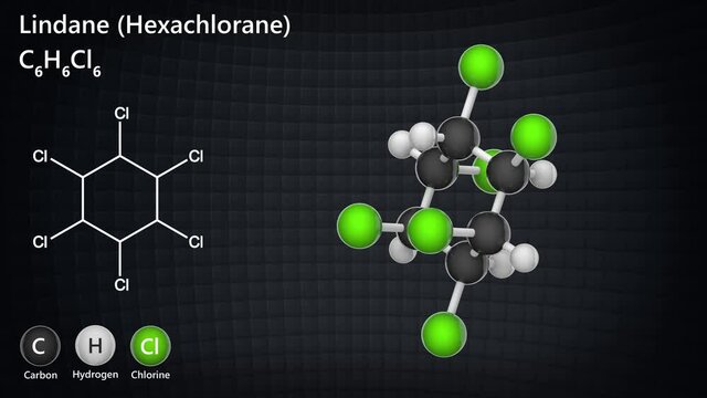 Lindane or Hexachlorane, formula: C6H6Cl6, is used as an insecticide for hardwood logs, lumber, and crops. 3D render. Seamless loop. Chemical structure model: Ball and Stick.