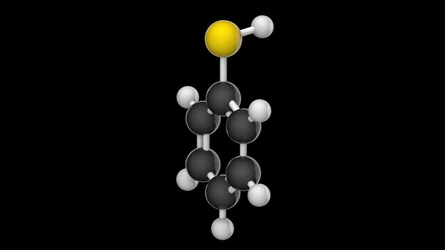 Thiophenol (Thiofenol, Phenyl mercaptan) is an organosulfur compound with the formula C6H5SH (or C6H6S or PhSH). 3D render. Seamless loop. RGB + Alpha (Transparent) channel