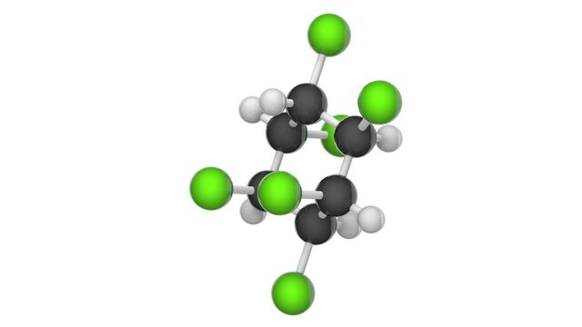 Lindane or Hexachlorane, formula: C6H6Cl6, is used as an insecticide for hardwood logs, lumber, and crops. 3D render. Seamless loop. Chemical structure model: Ball and Stick. White background