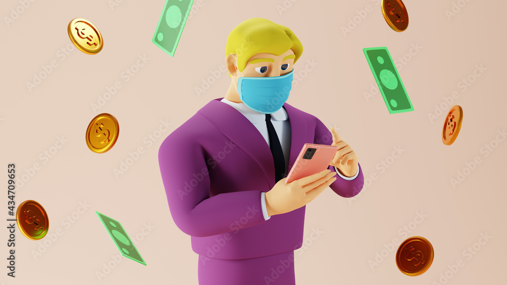 Aufkleber 3d render of businessman use mobile phone to make money. business online mobile and e-commerce on we