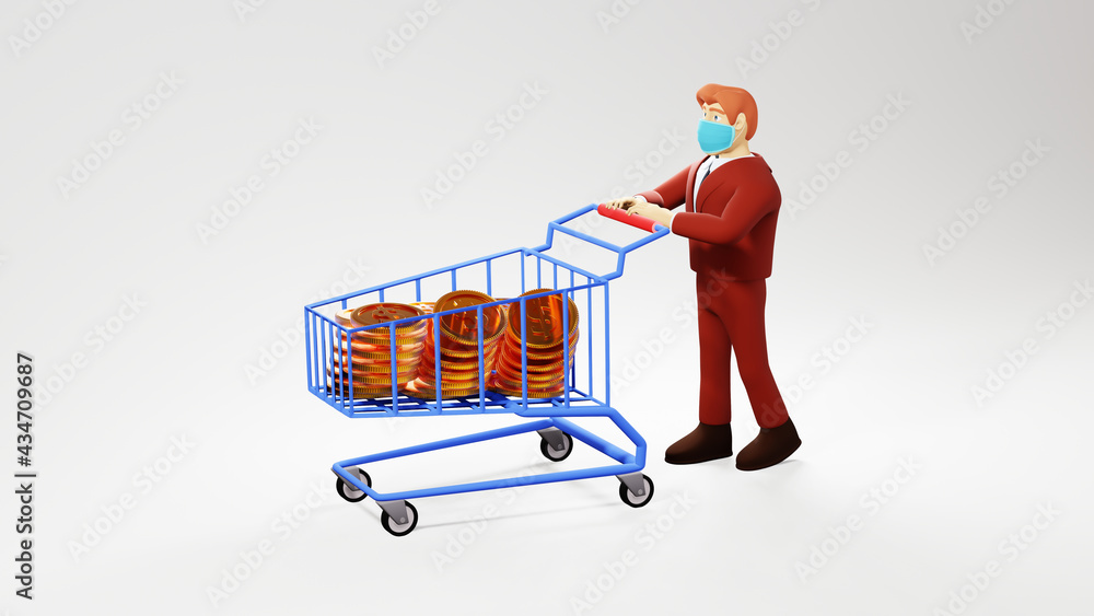 Aufkleber 3d render of businessman use shopping cart with money. business online mobile and e-commerce on web 