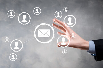 Email and user icon,sign,symbol marketing or newsletter concept, diagram.Sending email.Bulk mail.Email and sms marketing concept. Scheme of direct sales in business. List of clients for mailing.