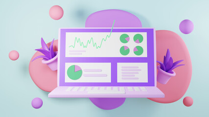 3D render of doing business through notebook. Business online mobile and e-commerce on web shopping concept. Secure online payment transaction with smartphone.