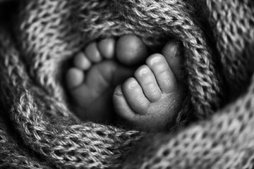 Fototapeta premium Photo of the legs of a newborn. Baby feet covered with wool isolated background. The tiny foot of a newborn in soft selective focus. Black and white image of the soles of the feet.
