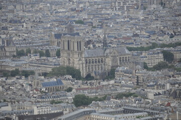 Beautiful pan view of Paris with  Notre Dame de Paris cathedral in center, France