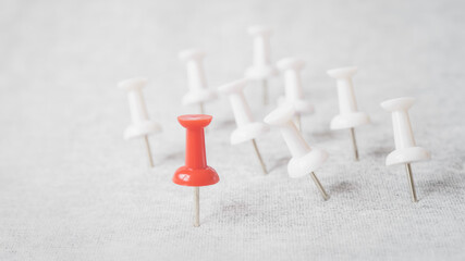outstanding red thumbtack among blurred  white thumbtacks on grunge grey background , for outstanding leader, winner , strongest ,success , the best things or idea, winner among loosen concept