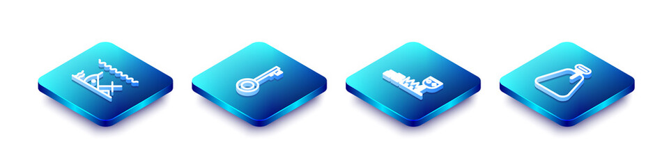 Set Isometric line Sunken ship, Pirate key, Treasure and riches and sack icon. Vector