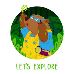 Cute bear botanist in glasses, explores new plants. Gardening grizzly. Animal in the forest. Vector children illustration for kids books and nursery poster.