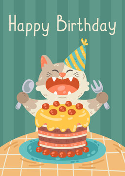 Happy birthday greeting card with cat, cake, party hat. The kitty opened his mouth to eat the birthday pie with a fork and spoon. Vector illustration for postcard, print, poster.