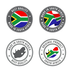 Made in South Africa - set of labels, stamps, badges, with the South Africa map and flag. Best quality. Original product.