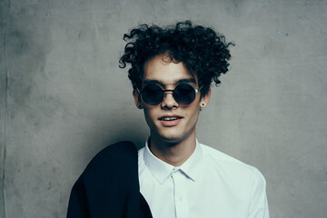 guy with curly hair teen classic suit sunglasses shirt