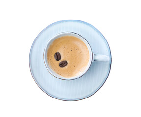 Cup of aromatic coffee with beans isolated on white, top view