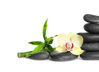 Obraz na płótnie Canvas Spa stones, beautiful orchid flower and bamboo stems on white background