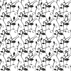 Vector floral two-color black-white pattern of intertwining stems of a stylized tropical plant with decorative leaves for design of textiles, fabric. Isolated on white background