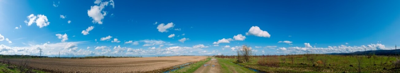 Fototapeta na wymiar Panorama of plowed field in spring, blue sky, green grass, field road.