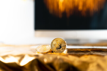 Crypto coins on the desk,conceptual image for crypto currency