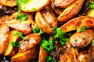 Chicken baked with potatoes in a pan