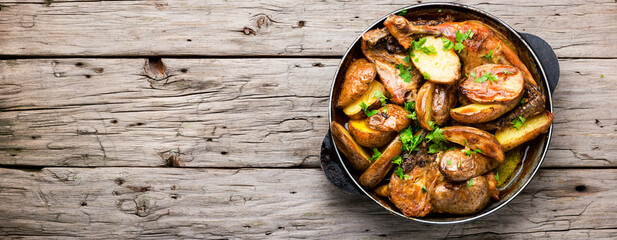 Chicken baked with potatoes in a pan