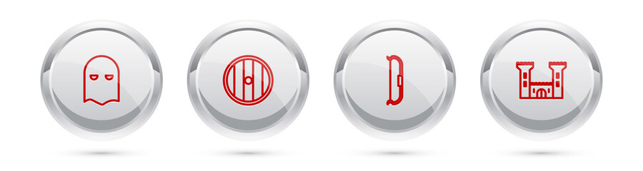 Set line Executioner mask, Round wooden shield, Medieval bow and Castle. Silver circle button. Vector