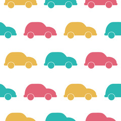 Seamless vector pattern with cute hand drawn colorful cars. Fun transport theme background for kids room decor, fashion, nursery art, package, wrapping paper, textile, print, fabric, wallpaper, gift.