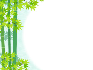 和風　青もみじと竹の背景・フレーム素材（横向き）