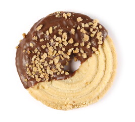 Almond tea biscuit partially covered in chocolate, round cookie isolated on white background