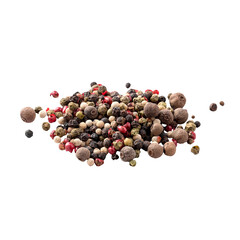 Isolated pile of assorted peppercorns on white background