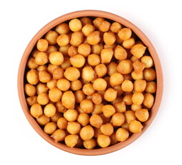 Salty fried crispy wheat pastry balls for soup in bowl isolated on white background, top view