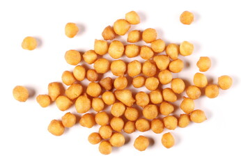 Salty fried crispy wheat pastry balls for soup isolated on white background, top view