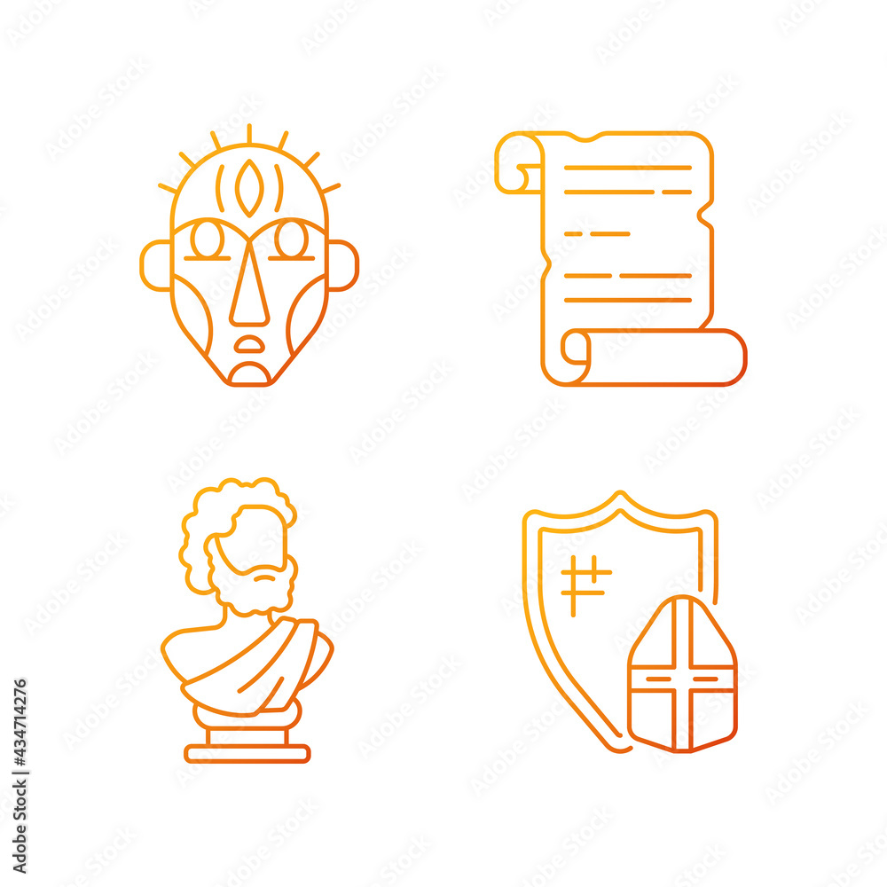 Aufkleber exploring ancient lives gradient linear vector icons set. ritual masks. manuscripts. sculpted philos