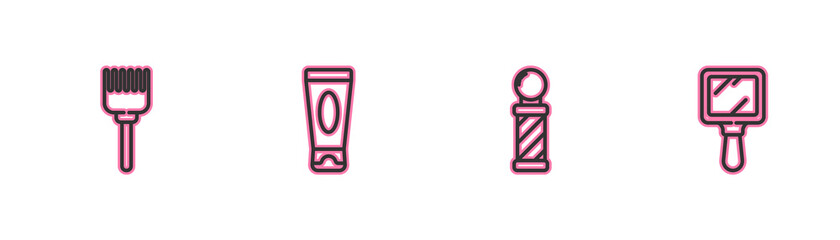 Set line Hairbrush, Classic Barber shop pole, Cream or lotion cosmetic tube and Hand mirror icon. Vector