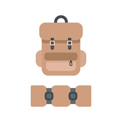 Camping travel backpack for outdoors adventure. Flat vector illustration isolated on white background. Tourist equipment for fishing or hiking