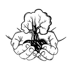 HANDS HOLDING TREE Human Palms With Symbol Of New Life And Growth In The Form Of Growing Plant In Sketch Style Monochrome Clip Art Vector Illustration Set For Print