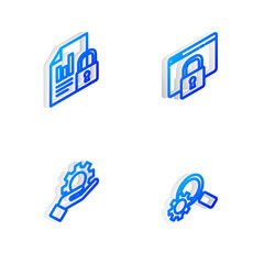 Set Isometric line Secure your site with HTTPS, SSL, Document and lock, Hand settings gear and Magnifying glass icon. Vector