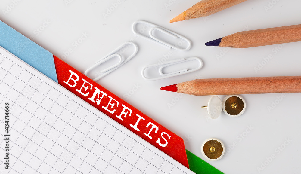 Aufkleber benefits text on folder register with office tools