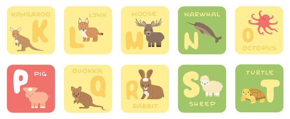Fototapeta premium Cute vector K-T zoo alphabet isolated education cards with cartoon animals. Kangaroo, lynx, moose, narwhal, octopus, pig, quokka, rabbit, sheep, turtle, flat style