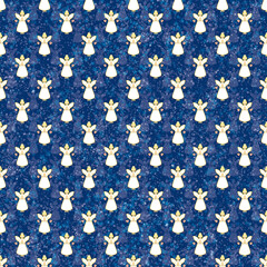 Angels on starry navy background seamless pattern.	