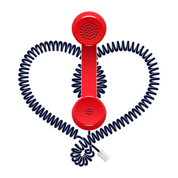 Telephone Handset With Heart Shaped Cord. Symbol Of Phone Love Affair. Vector Isolated Illustration.