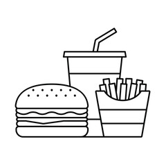 Hamburger, Soft drink cup and French Fries, Fast food icon sign, Outline flat design on white background, Vector illustration