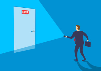 Businessman with flashlight finding exit door, Development and make decision to exit bright future opening door, Business change management or exit strategy concept, Flat design vector illustration