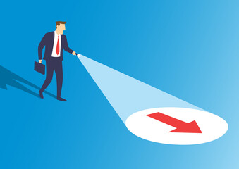 Businessman with flashlight uncovering hidden arrow sign, Searching direction clue to success, Flat design vector illustration - obrazy, fototapety, plakaty