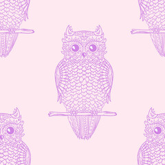 Owl. Seamless pattern. Design Zentangle. Hand drawn abstract patterns on isolation background. Design for spiritual relaxation for adults. Line art creation. Zen art. Decorative style