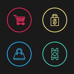 Set line Handbag, Coupon, Shoping dollar and Shopping cart icon. Vector