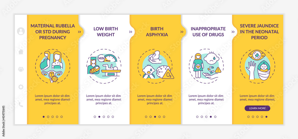 Poster congenital hearing loss factors onboarding vector template. responsive mobile website with icons. we