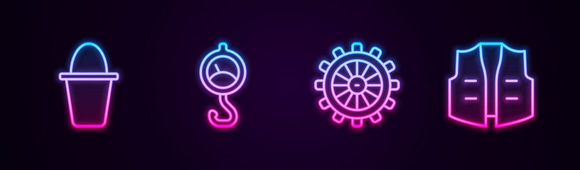 Set line Fishing bucket, Spring scale, Ship steering wheel and jacket. Glowing neon icon. Vector