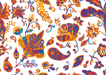 Paisley watercolor floral pattern tile: flowers, flores, tulips, leaves. Oriental indian traditional hand painted water color whimsical seamless print, ceramic design. Abstract india batik background