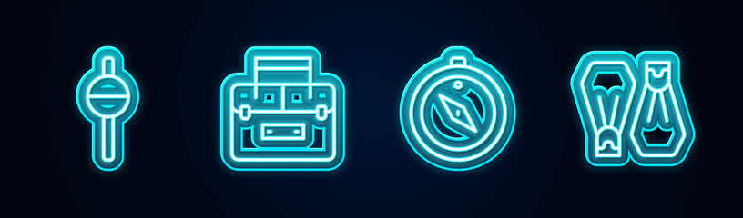 Set line Fishing float, Case container for wobbler, Compass and Rubber flippers swimming. Glowing neon icon. Vector © vector_v