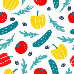 Vector seamless pattern with tomato, pepper, cucumber and aragula