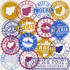 Naklejka premium Lagos Nigeria Set of Stamps. Travel Stamp. Made In Product. Design Seals Old Style Insignia.